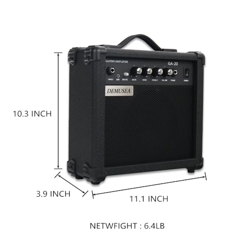 Demusea Electric Guitar Amplifier 20w Guitar Amp Practice Small Portable Travel Headphone Aux Distortion Gain Treble Bass Volume Jack with 3m Noiseless Cable Adapter Picks Aux Cable Earphone(BK) - Image 3
