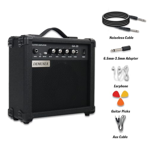 Demusea Electric Guitar Amplifier 20w Guitar Amp Practice Small Portable Travel Headphone Aux Distortion Gain Treble Bass Volume Jack with 3m Noiseless Cable Adapter Picks Aux Cable Earphone(BK) - Image 5