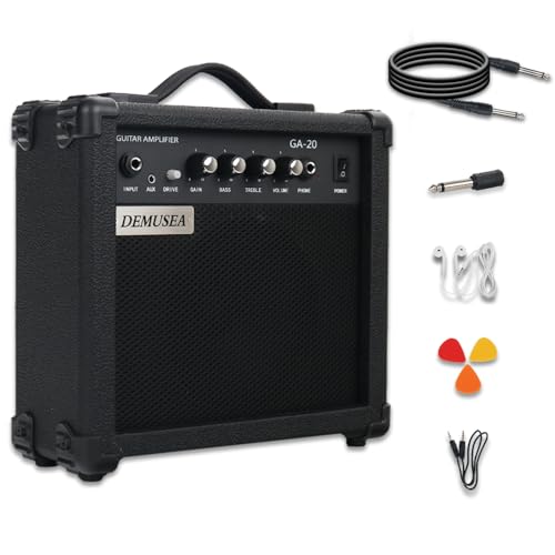 Demusea Electric Guitar Amplifier 20w Guitar Amp Practice Small Portable Travel Headphone Aux Distortion Gain Treble Bass Volume Jack with 3m Noiseless Cable Adapter Picks Aux Cable Earphone(BK) - Image 1
