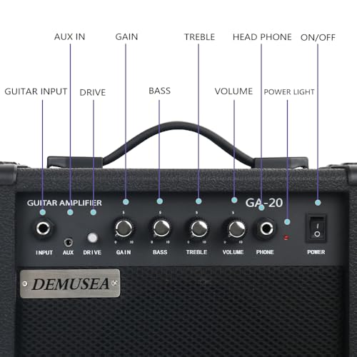 Demusea Electric Guitar Amplifier 20w Guitar Amp Practice Small Portable Travel Headphone Aux Distortion Gain Treble Bass Volume Jack with 3m Noiseless Cable Adapter Picks Aux Cable Earphone(BK) - Image 2