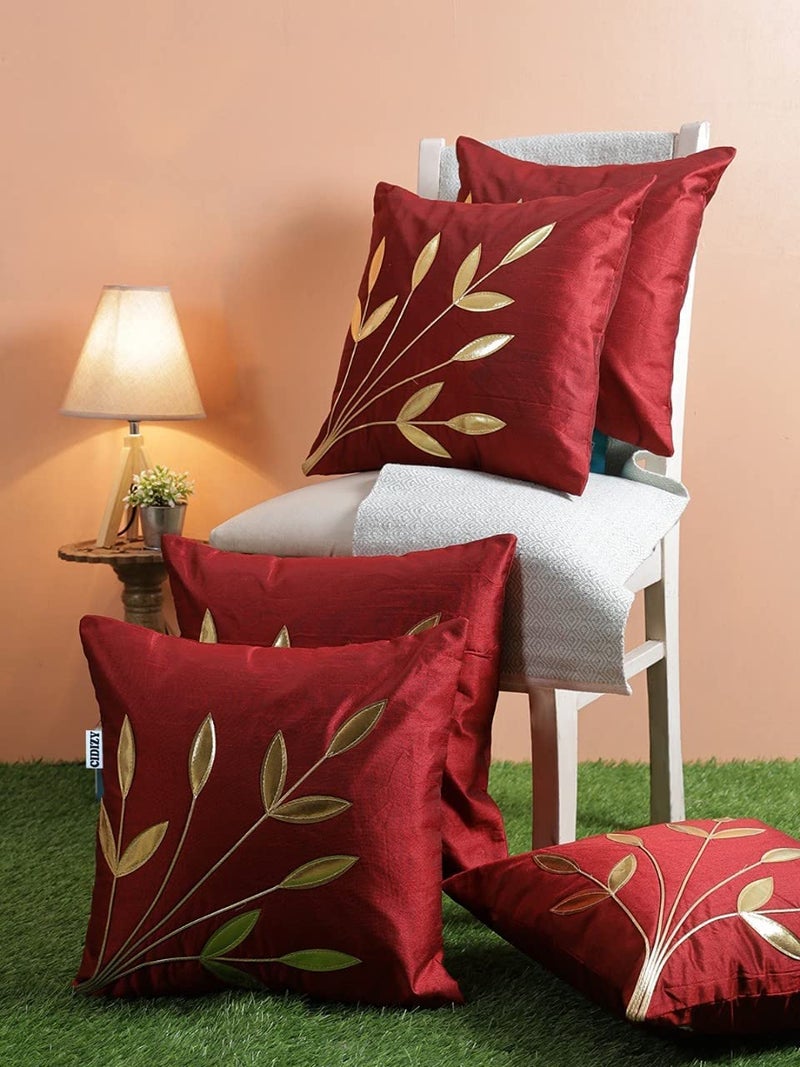 Urvaan Maroon Silk Golden Floral Cushion Cover, 16x16 Inch, Set of 5 - Image 1