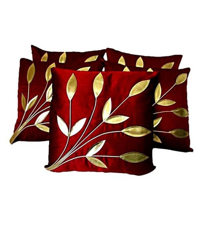 Urvaan Maroon Silk Golden Floral Cushion Cover, 16x16 Inch, Set of 5 - Image 3