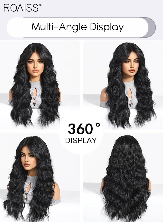 رويس باروكة شعر طويلة مجعدة للنساء مع غرة، شعر صناعي ناعم طبيعي مقاوم للحرارة لحفلات الزفاف والتنكر للاستخدام اليومي، أسود، 61 سم (24 بوصة) - Image 3