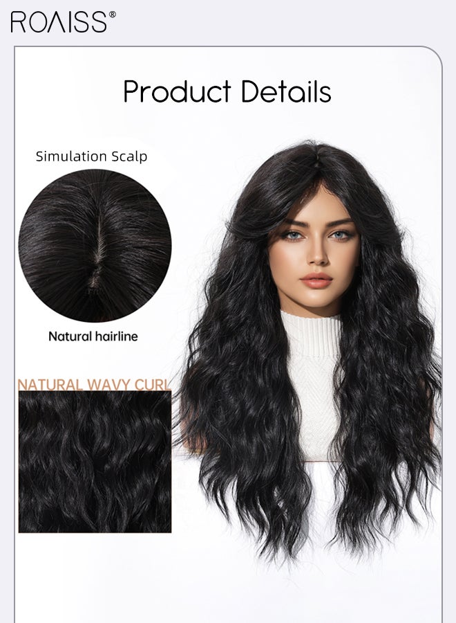 رويس باروكة شعر طويلة مجعدة للنساء مع غرة، شعر صناعي ناعم طبيعي مقاوم للحرارة لحفلات الزفاف والتنكر للاستخدام اليومي، أسود، 61 سم (24 بوصة) - Image 4