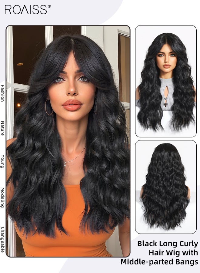 رويس باروكة شعر طويلة مجعدة للنساء مع غرة، شعر صناعي ناعم طبيعي مقاوم للحرارة لحفلات الزفاف والتنكر للاستخدام اليومي، أسود، 61 سم (24 بوصة) - Image 1