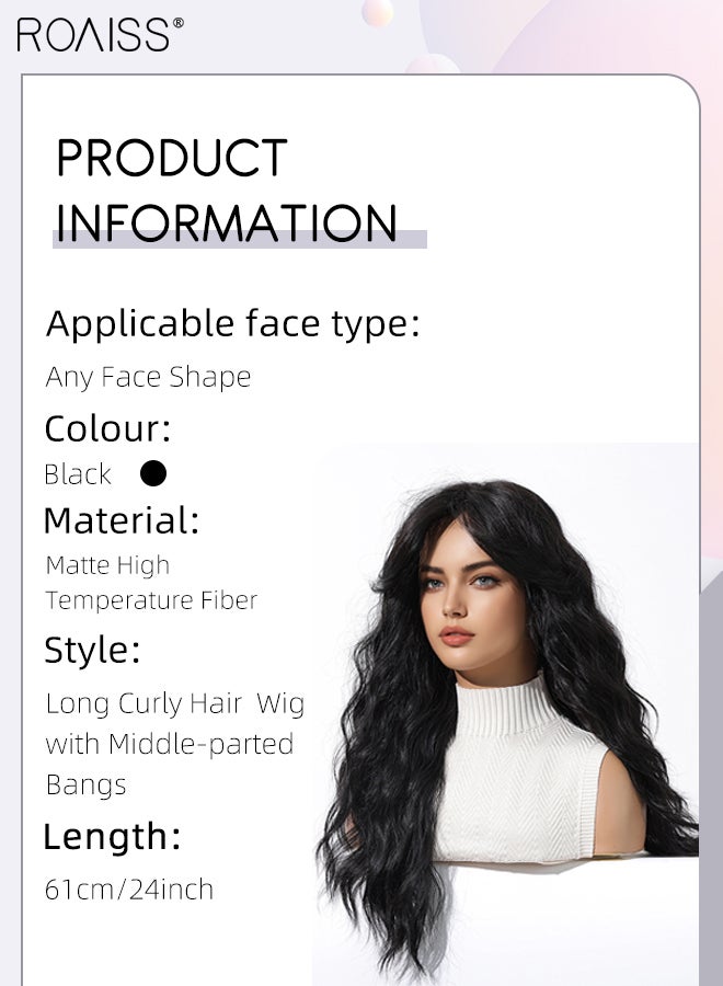 رويس باروكة شعر طويلة مجعدة للنساء مع غرة، شعر صناعي ناعم طبيعي مقاوم للحرارة لحفلات الزفاف والتنكر للاستخدام اليومي، أسود، 61 سم (24 بوصة) - Image 2