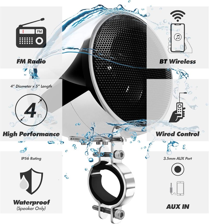GoHawk TN4-R 4" Full Range Waterproof Bluetooth Motorcycle Stereo Speakers with Amplifier - Image 3