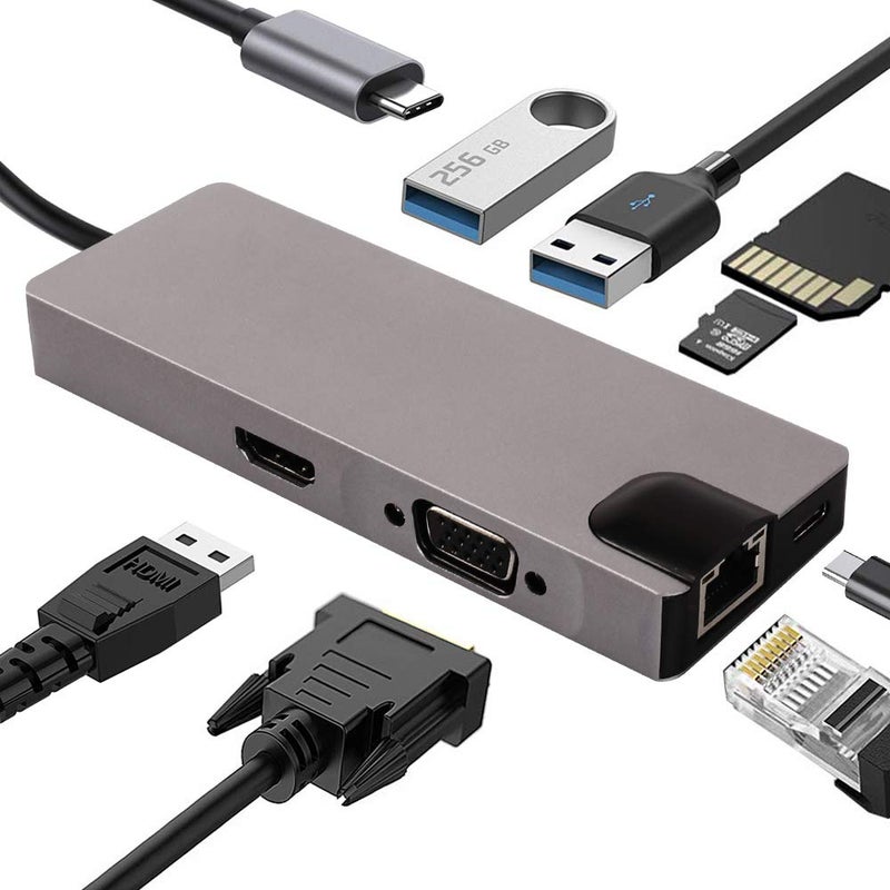 HAING 8 in 1 USB C Hub, Type C Hubs Adapter with 4K HDMI, 1080P VGA, 2 USB 3.0 Ports, Type C PD, Gigablit Ethernet, Compatible for MacBook pro,Dell,HP and More Type C Devices.
