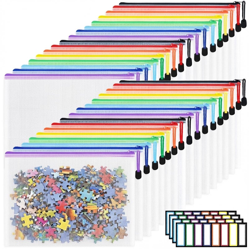 EOOUT 32pcs A4 Zipper Pouch Bags, Mesh Pouch Bags with Labels for Board Games & Puzzles Supplies, Waterproof Document Zipper Cases for School Toys Office Cosmetics Travel Storage,8 Colors - Image 1