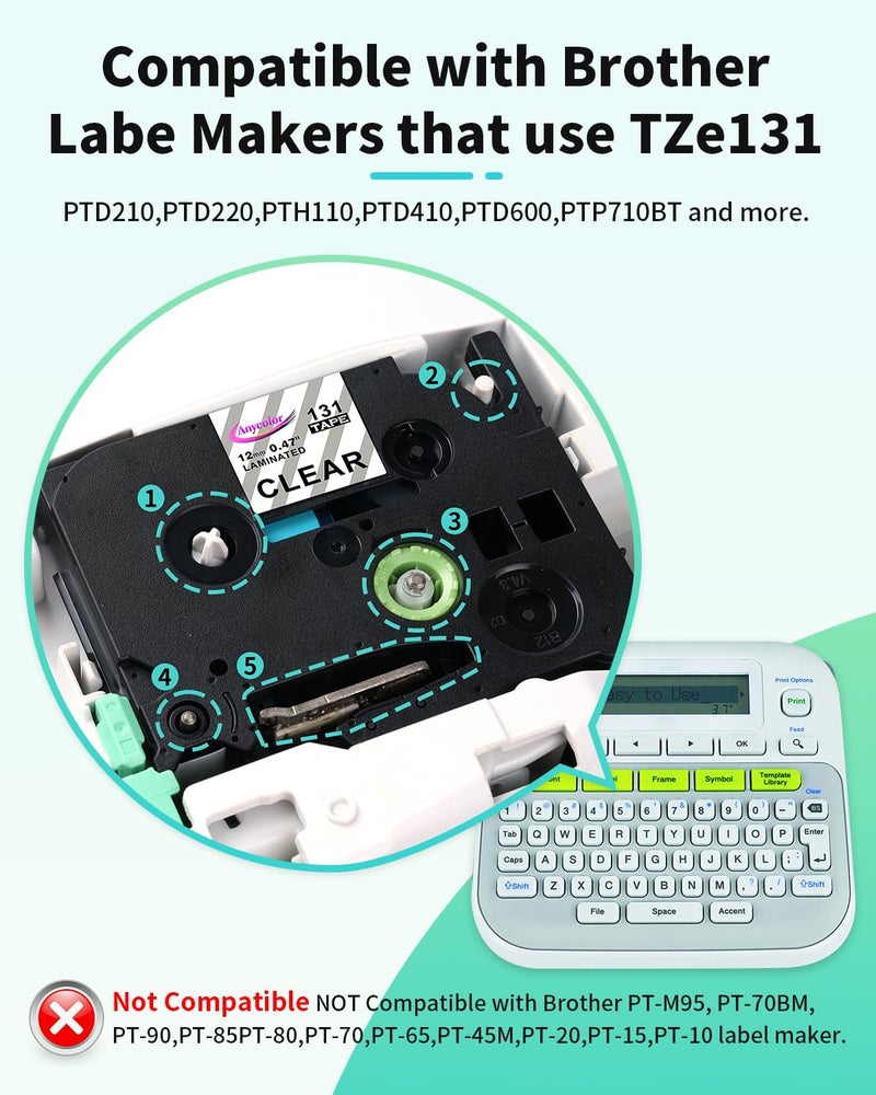 Anycolor TZe-131 TZ Tape 12mm 0.47 Laminated Clear Replacement for Brother P-Touch Label Tape Clear TZe131 TZ-131 Tape, Work with PTouch PT-D210 PTH110 PTD220 PTD410 PTD400 D600 Label Maker, 5-Pack - Image 2