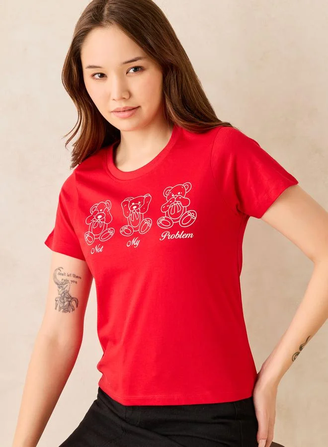 OUTZIDR Red Crew Neck Graphic T-Shirt -100% Cotton