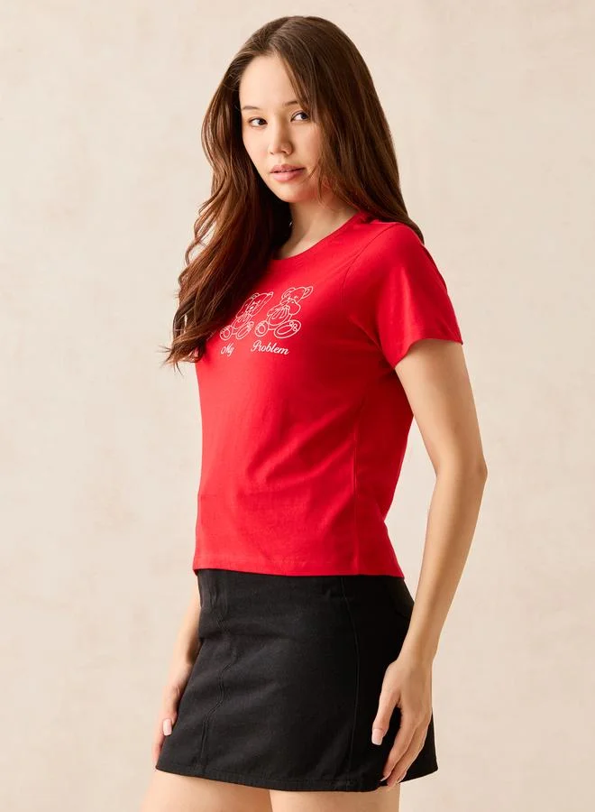 OUTZIDR Red Crew Neck Graphic T-Shirt -100% Cotton