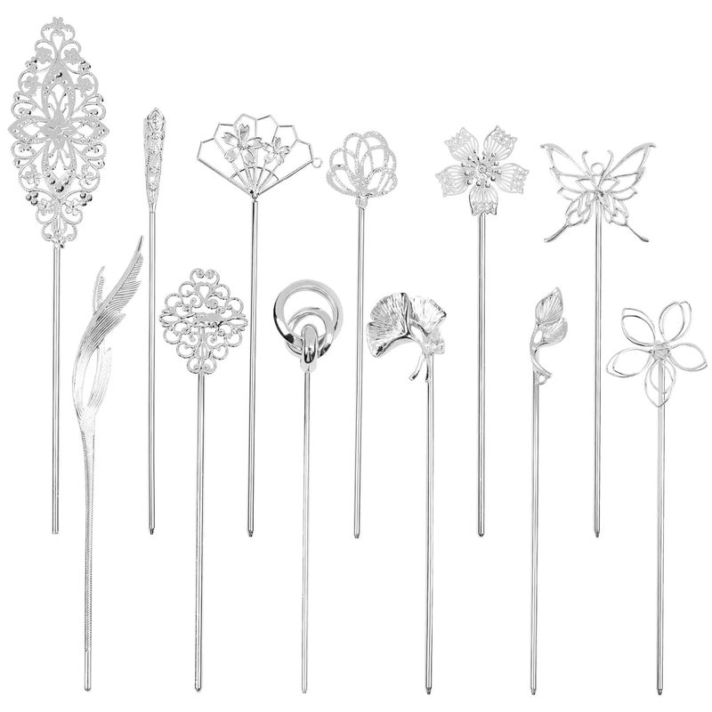 Cinaci 12 Pack Silver KC Gold Metal Decorative Chinese Vingtage Butterlfy Flower Hair Sticks Chopsticks Retro Hair Pins Forks Hairpin Hair Bun Updo Holders Accessories for Women Girls 12 Pack Silver