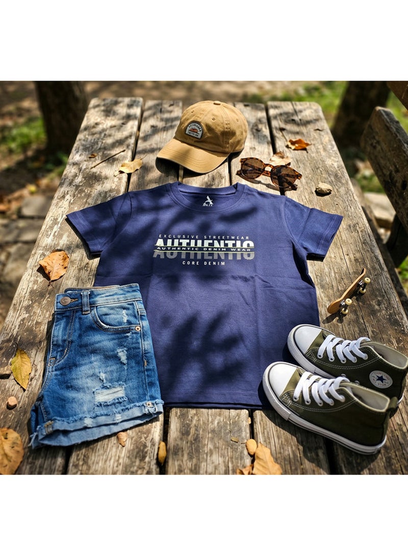 Andora Printed Pattern Short Sleeves Boys T-Shirt - Navy Blue - Image 3