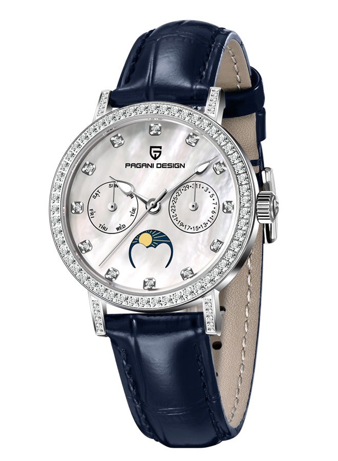 PAGANI DESIGN Women's Elegant Quartz Watch Diamonds Series Leather Strap  VX3HA Movement Waterproof Light Luxury Wristwatch Date,Silver Blue - Image 1