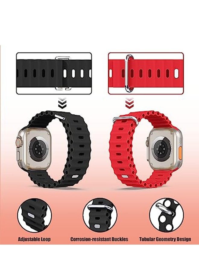 Ocean 1 Piece Apple Watch Ocean Band 49mm 45mm 44mm 42mm Soft Silicone Loop Strap For iWatch Series Ultra/8/7/SE/6/5/4/3/2/1 Black/Red  - Image 3