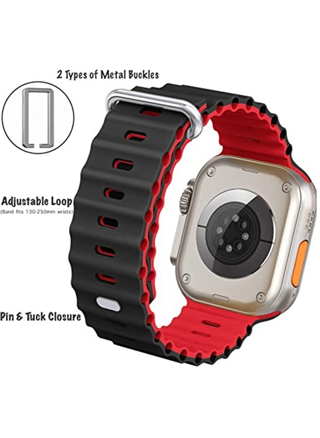 Ocean 1 Piece Apple Watch Ocean Band 49mm 45mm 44mm 42mm Soft Silicone Loop Strap For iWatch Series Ultra/8/7/SE/6/5/4/3/2/1 Black/Red  - Image 2
