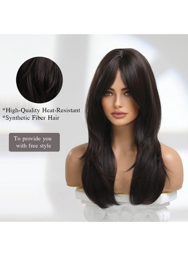 Esmee 20 Inches Long Straight Black Brown Layered Synthetic Hair Wigs For Women With Bangs For Daily Party Use… - Image 3