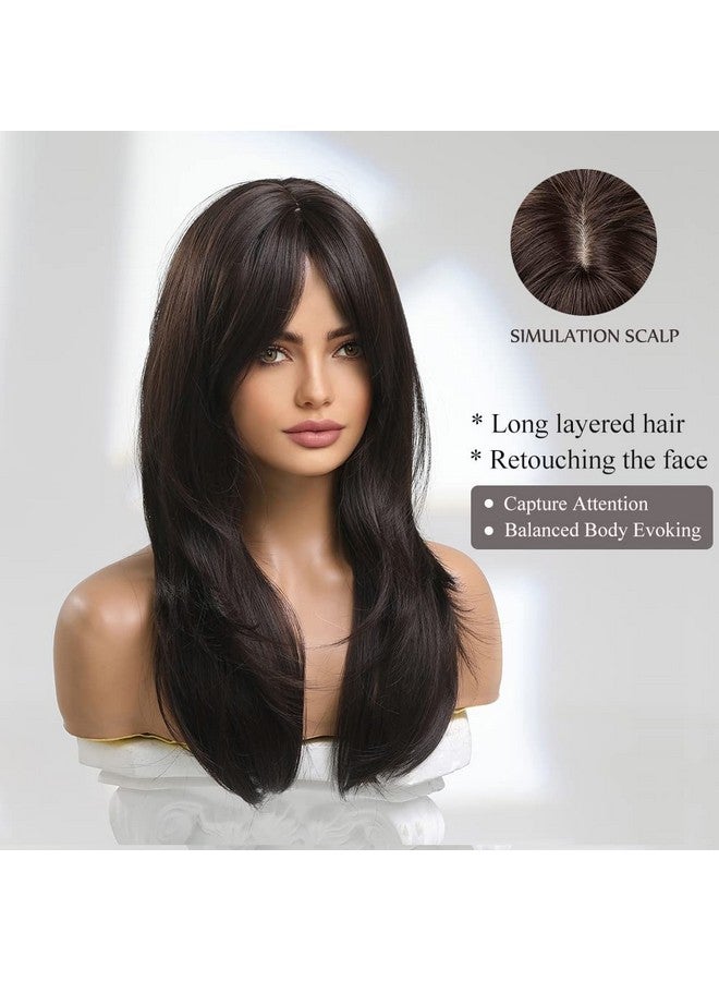 Esmee 20 Inches Long Straight Black Brown Layered Synthetic Hair Wigs For Women With Bangs For Daily Party Use… - Image 2