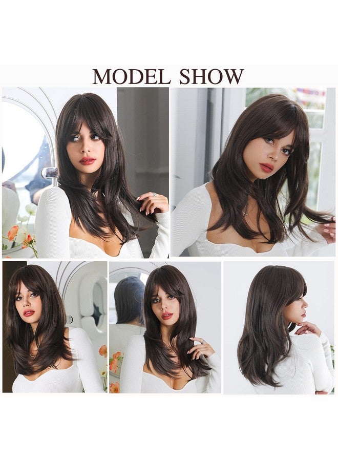 Esmee 20 Inches Long Straight Black Brown Layered Synthetic Hair Wigs For Women With Bangs For Daily Party Use… - Image 5