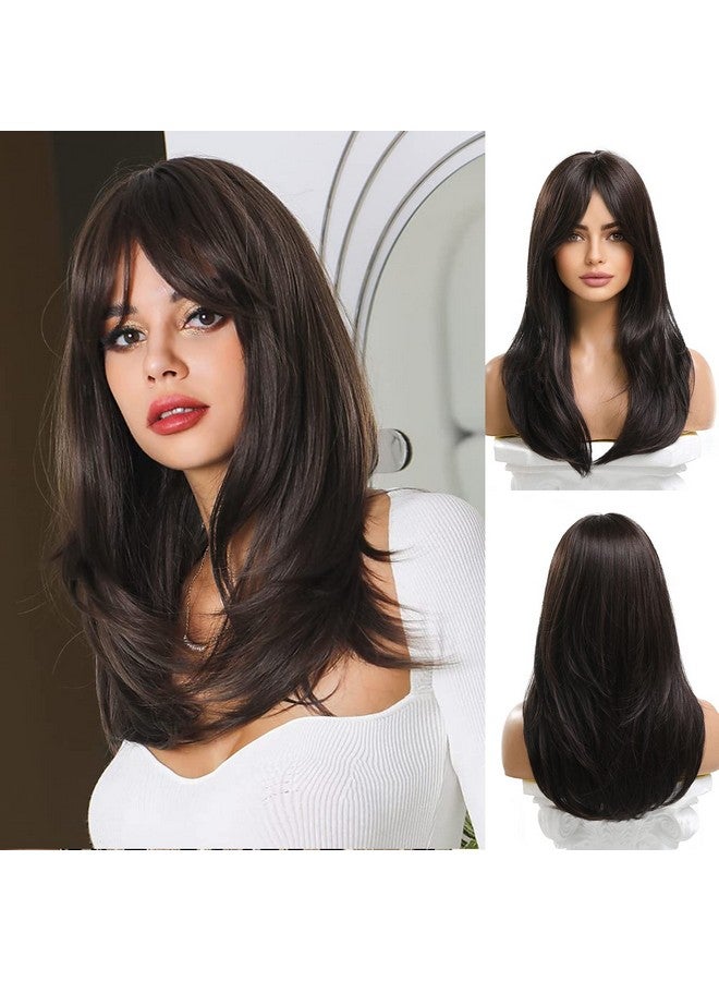 Esmee 20 Inches Long Straight Black Brown Layered Synthetic Hair Wigs For Women With Bangs For Daily Party Use… - Image 1