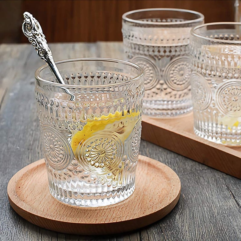 KELVEE Glass Embossed Designed Romantic Premium Tumbler Water Glasses Perfect For Drinking Whiskey Juice Beverages Beer Cocktail Set Of 6 Transparent 300 Ml - Image 1