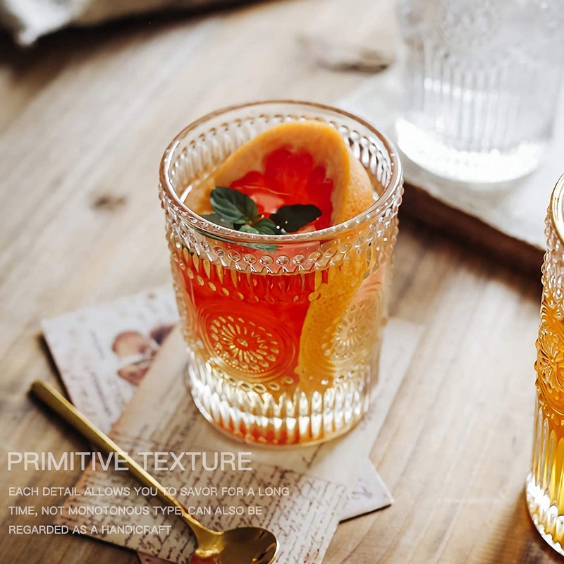 KELVEE Glass Embossed Designed Romantic Premium Tumbler Water Glasses Perfect For Drinking Whiskey Juice Beverages Beer Cocktail Set Of 6 Transparent 300 Ml - Image 4