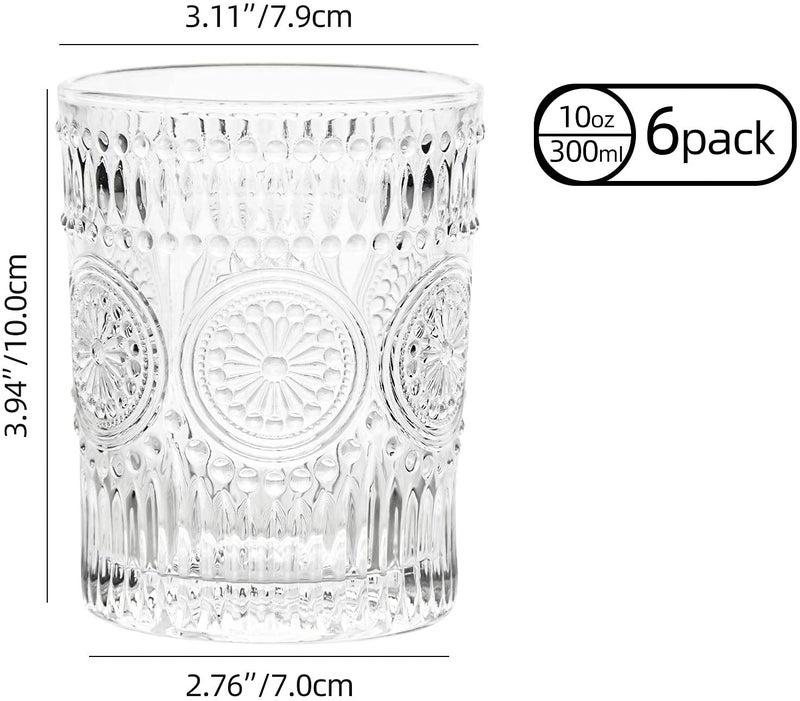 KELVEE Glass Embossed Designed Romantic Premium Tumbler Water Glasses Perfect For Drinking Whiskey Juice Beverages Beer Cocktail Set Of 6 Transparent 300 Ml - Image 5
