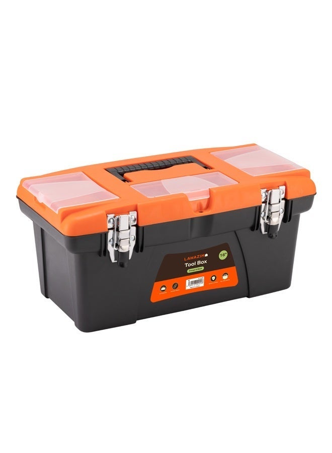 LAWAZIM Orange and Black Toolbox with Iron Latches - 16inch Durable Plastic Tool Box, Tool Organizer with Removable Tray, Carrying Handle & Top-Lid Storage for Home Repair DIY, Garage, Workshop Tools - Image 2