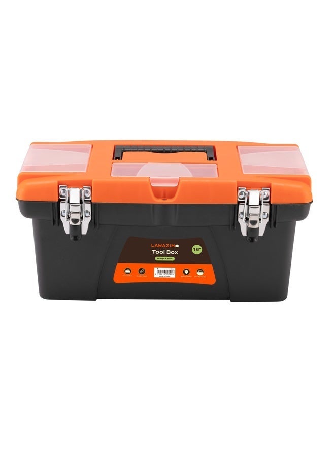 LAWAZIM Orange and Black Toolbox with Iron Latches - 16inch Durable Plastic Tool Box, Tool Organizer with Removable Tray, Carrying Handle & Top-Lid Storage for Home Repair DIY, Garage, Workshop Tools - Image 1