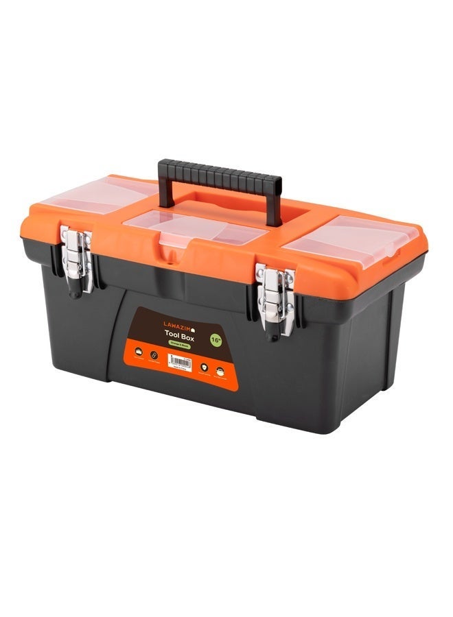 LAWAZIM Orange and Black Toolbox with Iron Latches - 16inch Durable Plastic Tool Box, Tool Organizer with Removable Tray, Carrying Handle & Top-Lid Storage for Home Repair DIY, Garage, Workshop Tools - Image 4