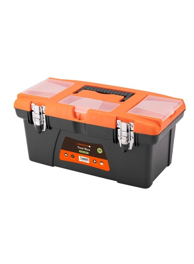 LAWAZIM Orange and Black Toolbox with Iron Latches - 16inch Durable Plastic Tool Box, Tool Organizer with Removable Tray, Carrying Handle & Top-Lid Storage for Home Repair DIY, Garage, Workshop Tools - Image 3