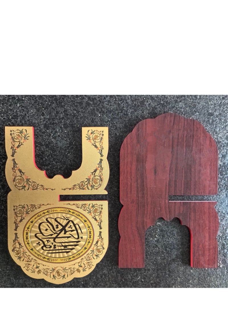 Fianser Shiny Gold Metallic Pattern Quran Stand – Wooden Rehal with Luxurious Islamic Motif Decals – Foldable X-Shape Book Rest for Desk Decoration - Image 5