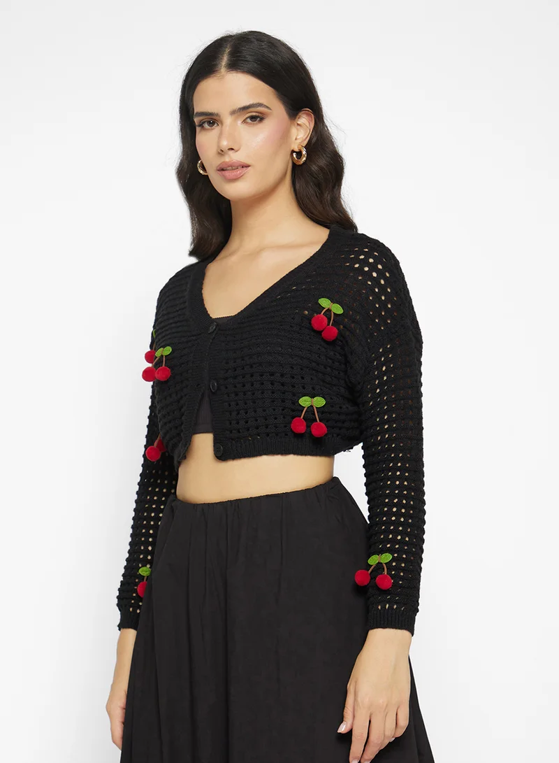 Ginger Knitted Openwork Cherry Detail Cardigan