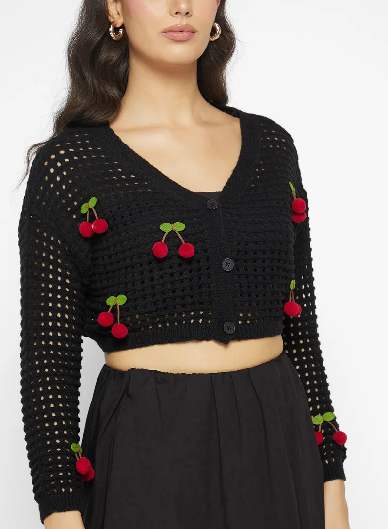 Ginger Knitted Openwork Cherry Detail Cardigan