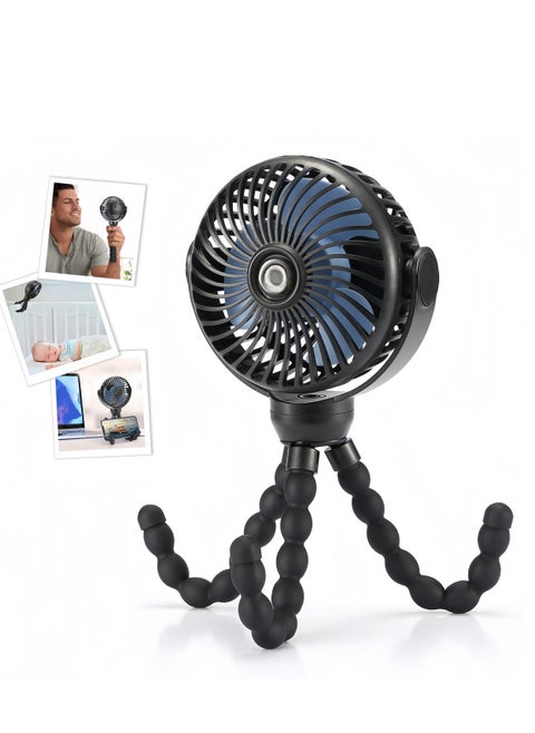 Upgraded Portable Baby Stroller Fan, 360°Rotate Rechargeable Mini Clip on Fan with Flexible Tripod for Stroller Treadmill Crib Car Seat Travel, Battery Powered Handheld Fan Black