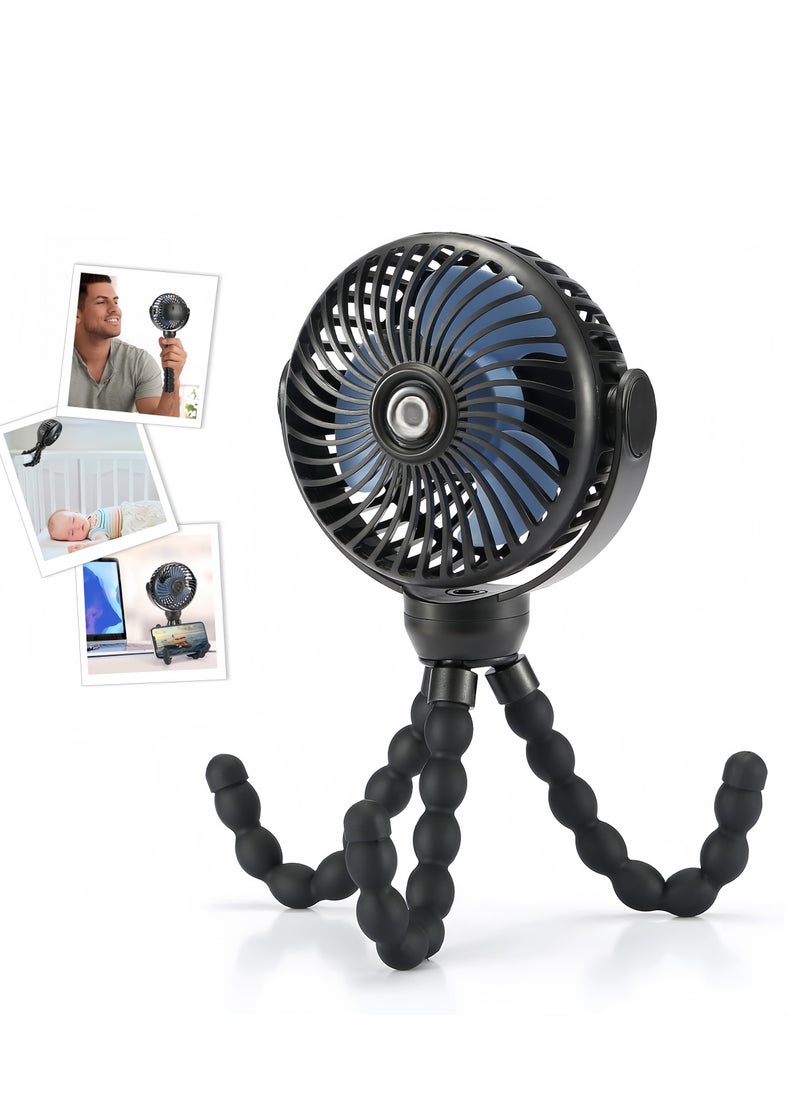 Upgraded Portable Baby Stroller Fan, 360°Rotate Rechargeable Mini Clip on Fan with Flexible Tripod for Stroller Treadmill Crib Car Seat Travel, Battery Powered Handheld Fan Black