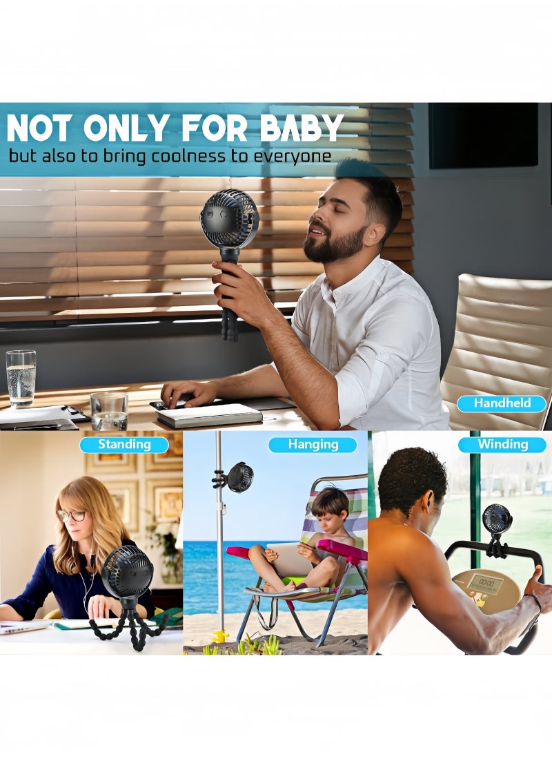 Upgraded Portable Baby Stroller Fan, 360°Rotate Rechargeable Mini Clip on Fan with Flexible Tripod for Stroller Treadmill Crib Car Seat Travel, Battery Powered Handheld Fan Black