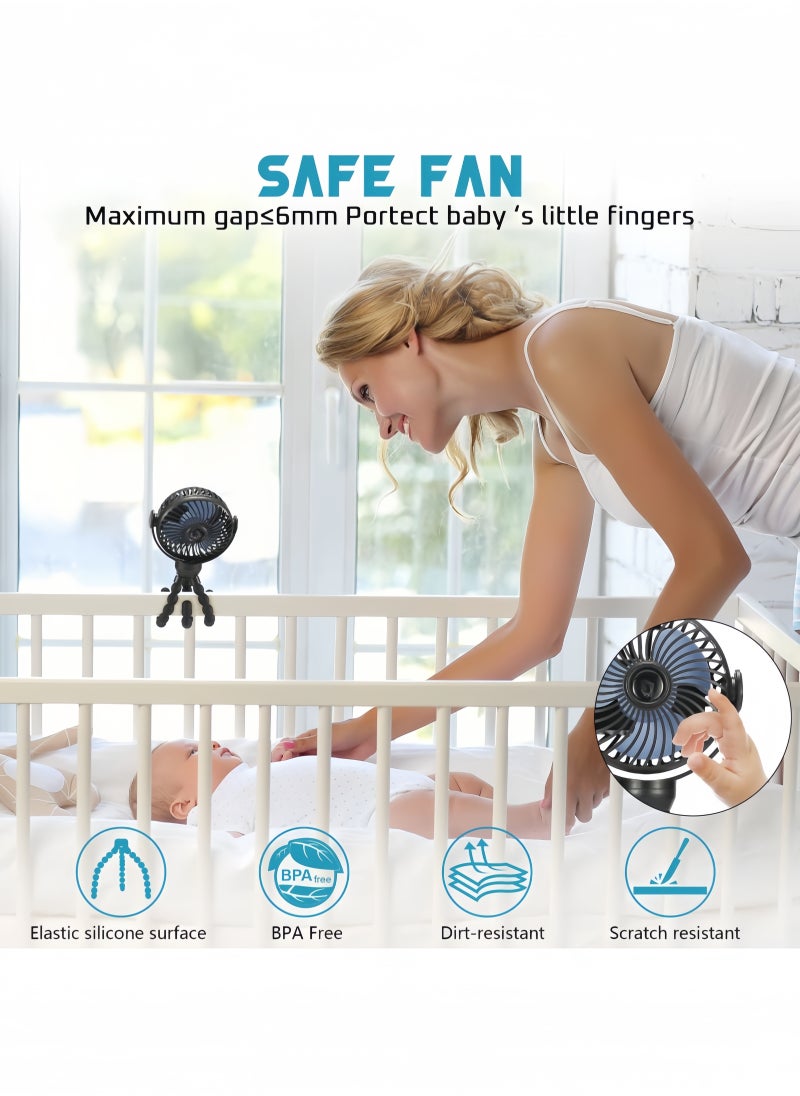 Upgraded Portable Baby Stroller Fan, 360°Rotate Rechargeable Mini Clip on Fan with Flexible Tripod for Stroller Treadmill Crib Car Seat Travel, Battery Powered Handheld Fan Black