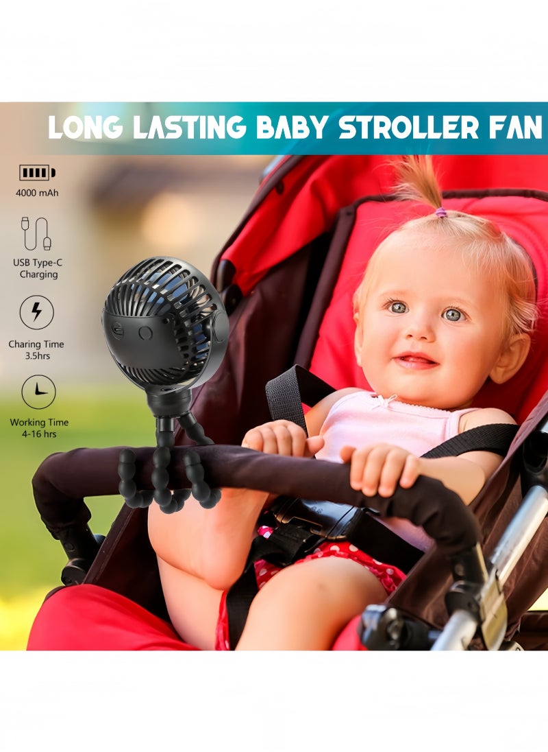 Upgraded Portable Baby Stroller Fan, 360°Rotate Rechargeable Mini Clip on Fan with Flexible Tripod for Stroller Treadmill Crib Car Seat Travel, Battery Powered Handheld Fan Black