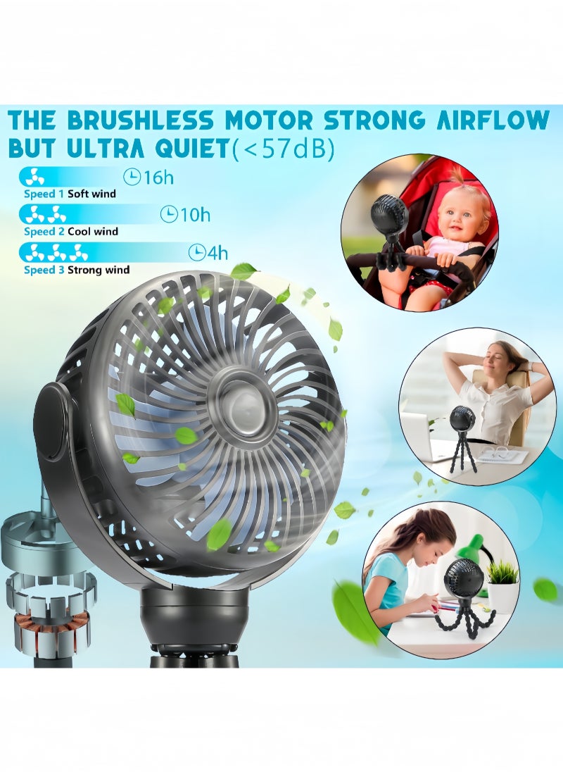 Upgraded Portable Baby Stroller Fan, 360°Rotate Rechargeable Mini Clip on Fan with Flexible Tripod for Stroller Treadmill Crib Car Seat Travel, Battery Powered Handheld Fan Black