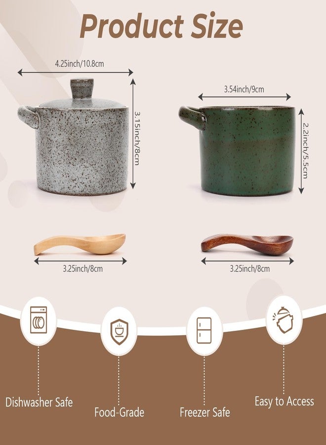 GearRoot 2 Pack Speckled Ceramic Salt Cellar with Lid and Spoon, 8.5oz Salt Pepper Containers for Countertop, Rustic Spices Sugar Bowl Storage Containers for Kitchen Decor (Gray & Green) - Image 2