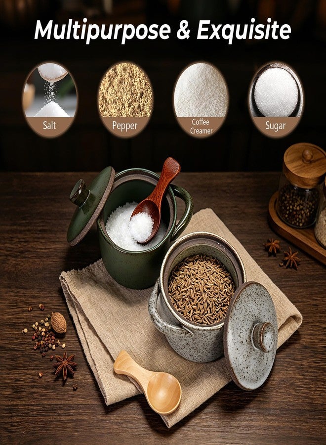 GearRoot 2 Pack Speckled Ceramic Salt Cellar with Lid and Spoon, 8.5oz Salt Pepper Containers for Countertop, Rustic Spices Sugar Bowl Storage Containers for Kitchen Decor (Gray & Green) - Image 3