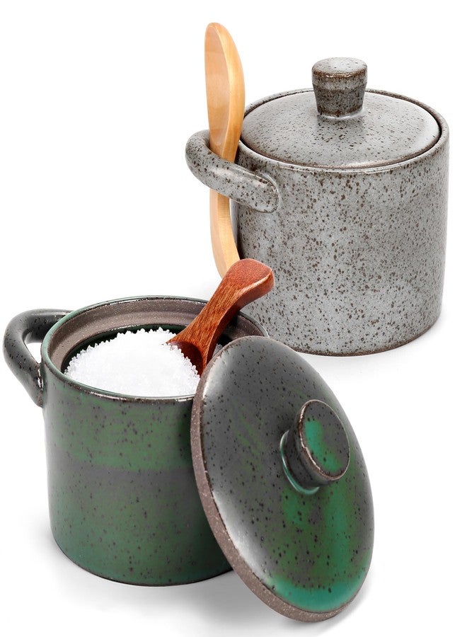 GearRoot 2 Pack Speckled Ceramic Salt Cellar with Lid and Spoon, 8.5oz Salt Pepper Containers for Countertop, Rustic Spices Sugar Bowl Storage Containers for Kitchen Decor (Gray & Green) - Image 1
