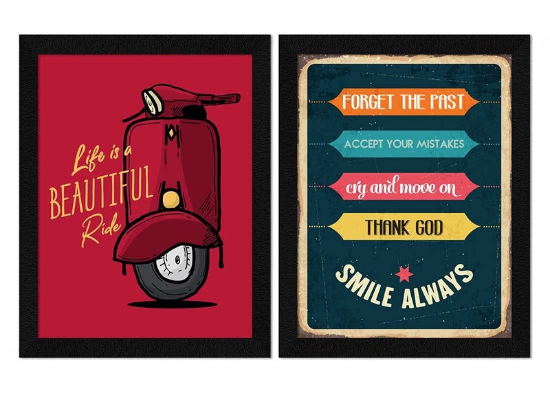 ArtX Paper Motivational Quotes Life is a Beautiful Ride Smile Always Framed Wall Art Painting Multicolor Abstract 10 X 13 inches each 20 X 13 inches combined Set of 2