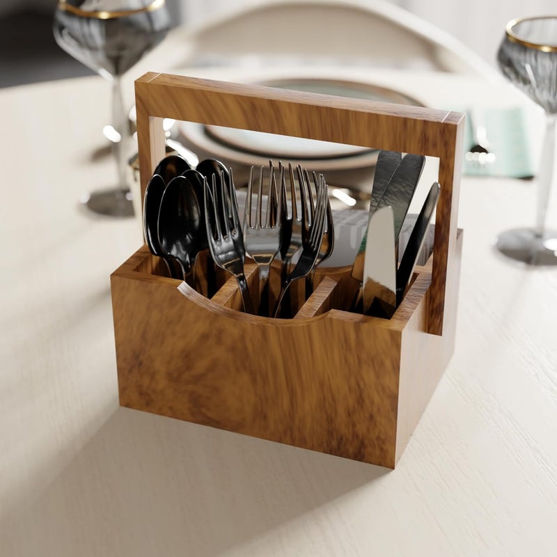WUDENSEE Wooden Cutlery Holder Spoon Stand for Dining Table Chammach Stand Cutlery holder caddy organizer for Kitchen storage spoons forks knifes tissue paper Dispenser Mango Wood 4 Section