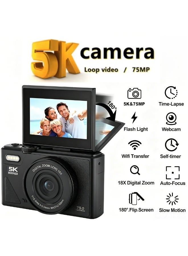 Lecran 5K 75MP Digital Camera Autofocus, Compact Vlogging Camera with 18X Zoom & 180° Flip Screen, YouTube Camera for Travel, Selfie & Beginners - Image 1