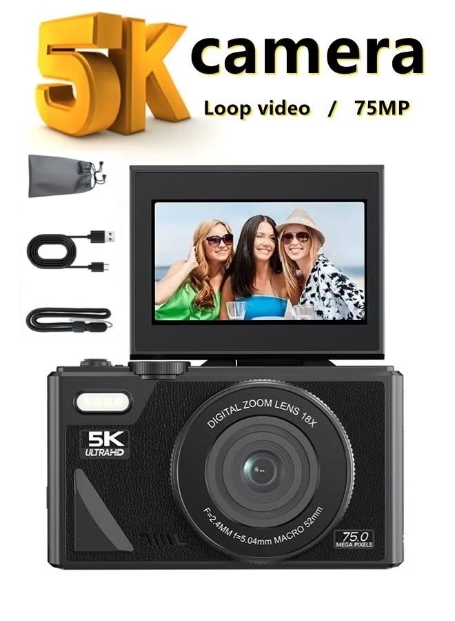 Lecran 5K 75MP Digital Camera Autofocus, Compact Vlogging Camera with 18X Zoom & 180° Flip Screen, YouTube Camera for Travel, Selfie & Beginners - Image 1