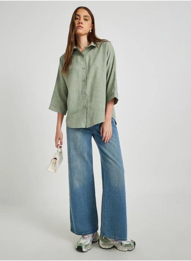 تايك تو Take Two Solid Linen Buttoned Spread Collar Shirt