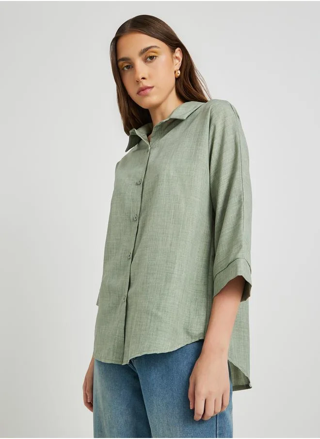 تايك تو Take Two Solid Linen Buttoned Spread Collar Shirt